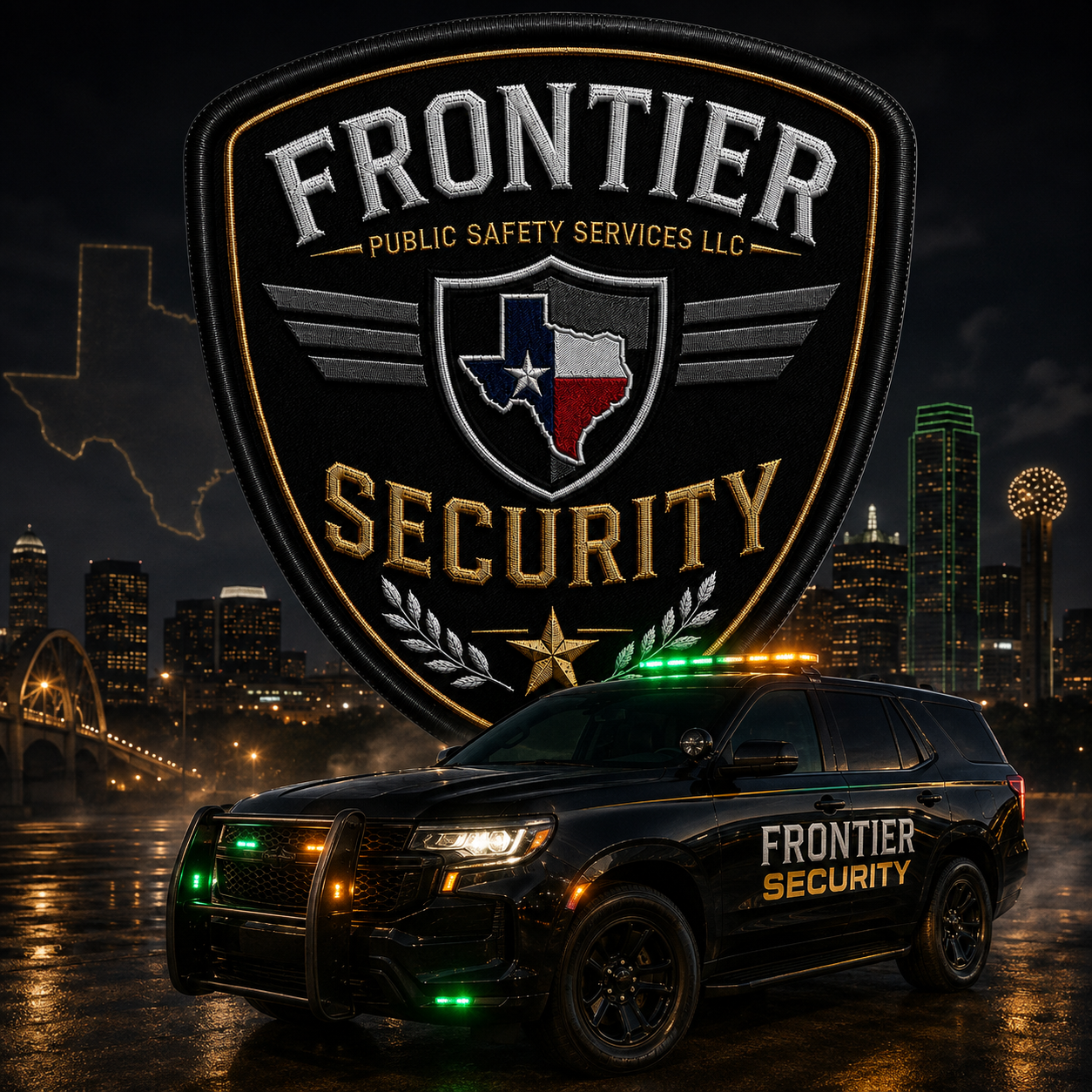 Frontier Security patrol vehicle and company patch at night