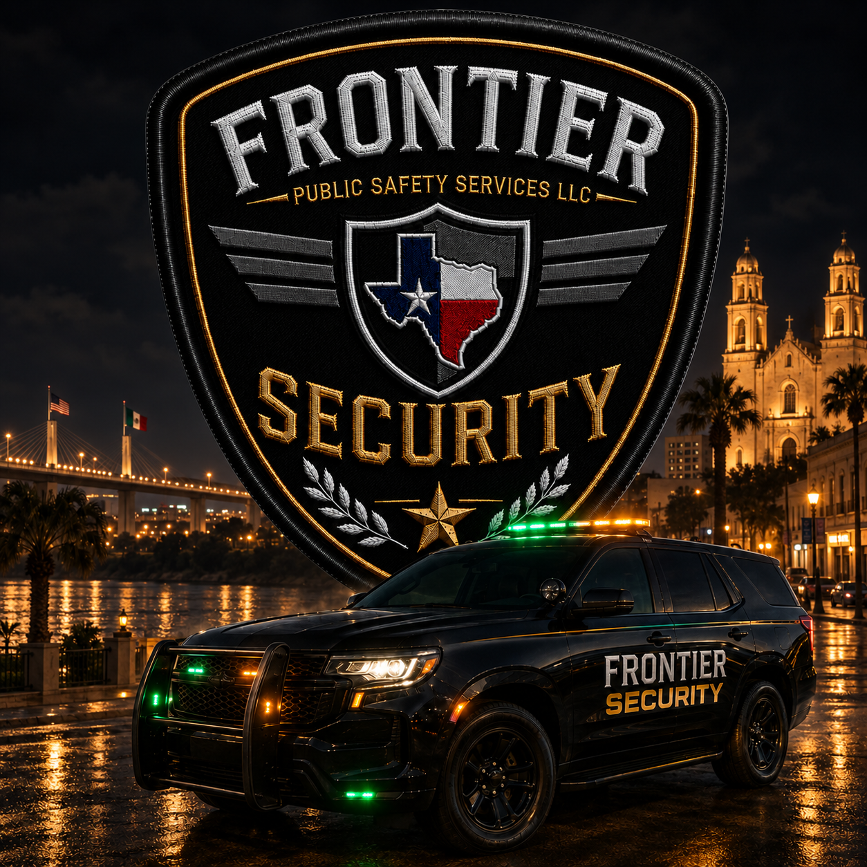 Frontier Security patrol vehicle and company patch against a nighttime Laredo city scene